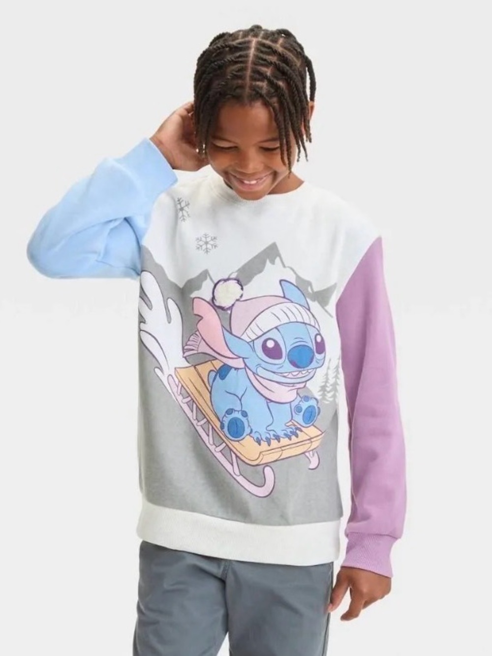 Boys' Small Lilo & Stitch Winter Crewneck Pullover Sweatshirt - Oatmeal Beige